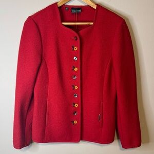 Geiger Sz Medium 100% Wool Cardigan Red with Embroidered Flowers
